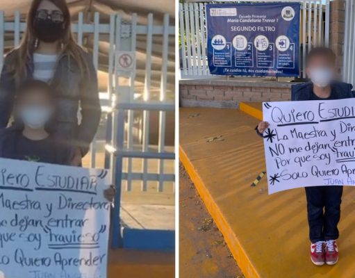 Criança é impedida de entrar na escola por brincar na aula e reclama com placa: “Quero aprender”