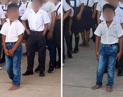 Criança frequenta as aulas apesar de não ter calçado nem uniforme